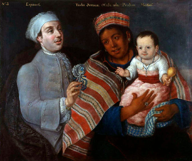 Toile représentant une famille de père espagnol et mère amérindienne et leur enfant métis (mestizo) (Source : Museo Nacional de Antropología de Madrid).